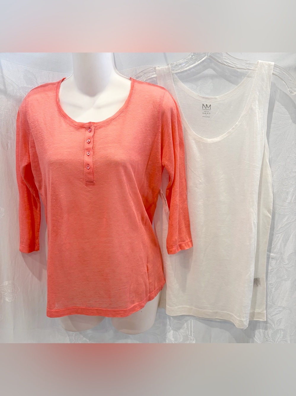 NWT Neiman Marcus Coral & White 100% Washable Tissue Linen Tees 2 / M $195 $135